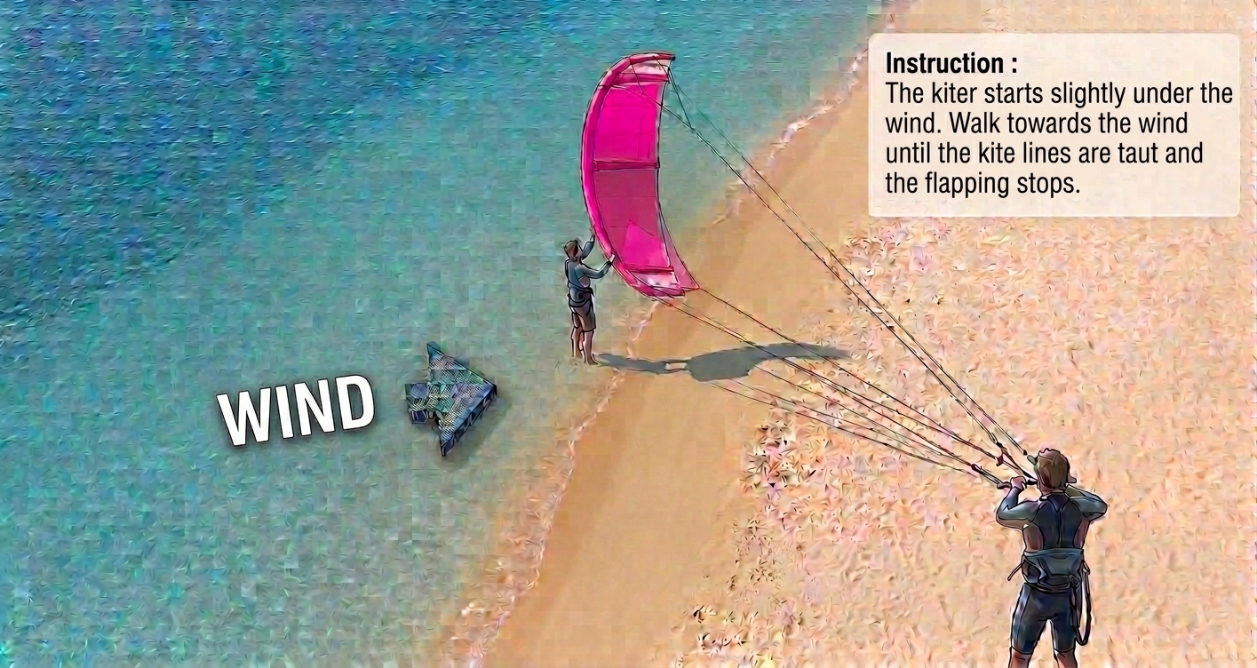 Diagram of an assisted launch: the rider stands slightly downwind and walks into the wind until the lines are taut